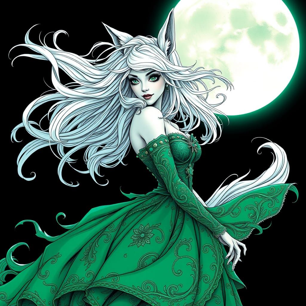 Mystical Woman in Emerald Ball Gown with Majestic Wolf Ears