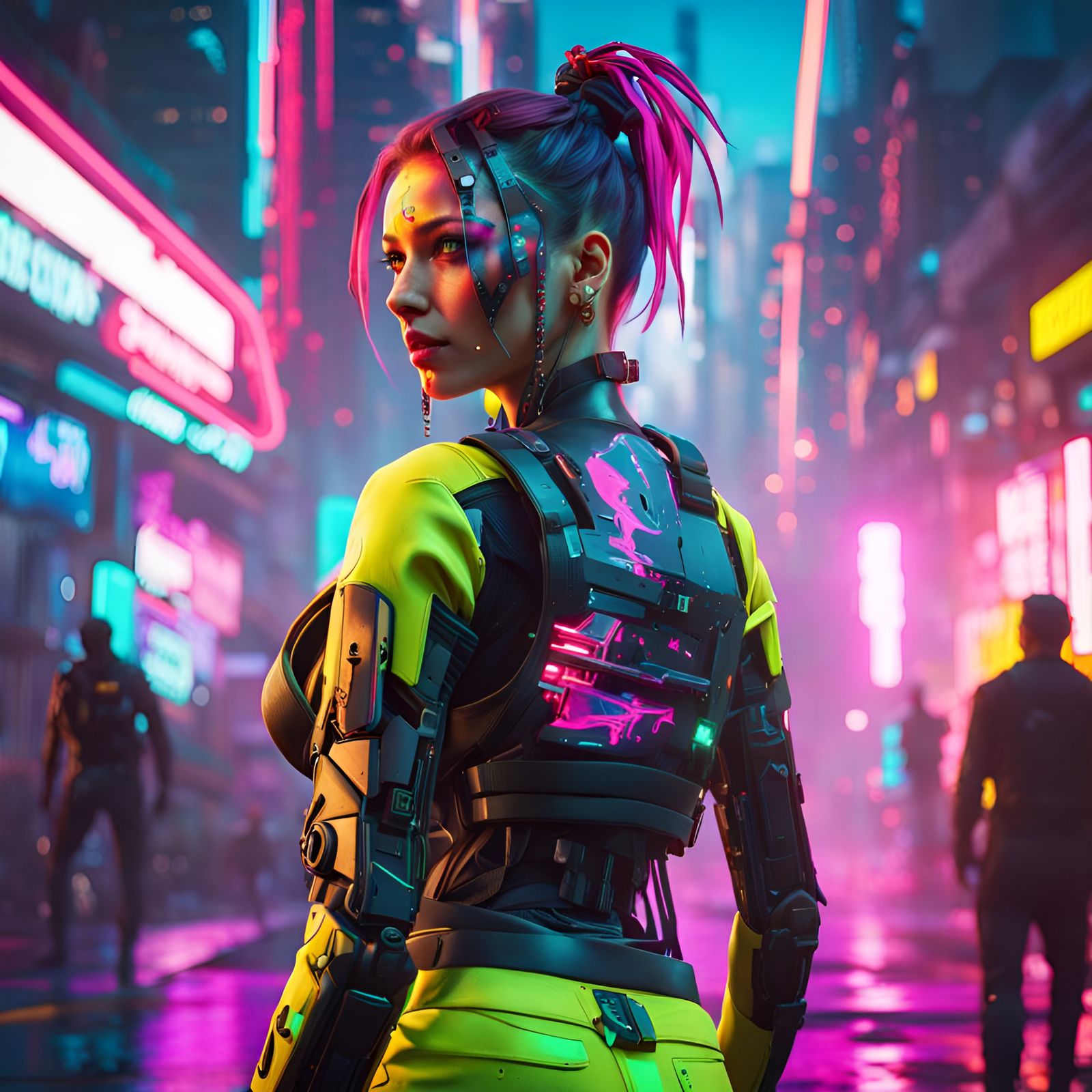Cyberpunk Woman with Mantis Blades in Neon Cityscape
