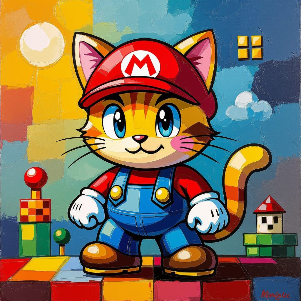 Mario-Inspired Cat Oil Painting