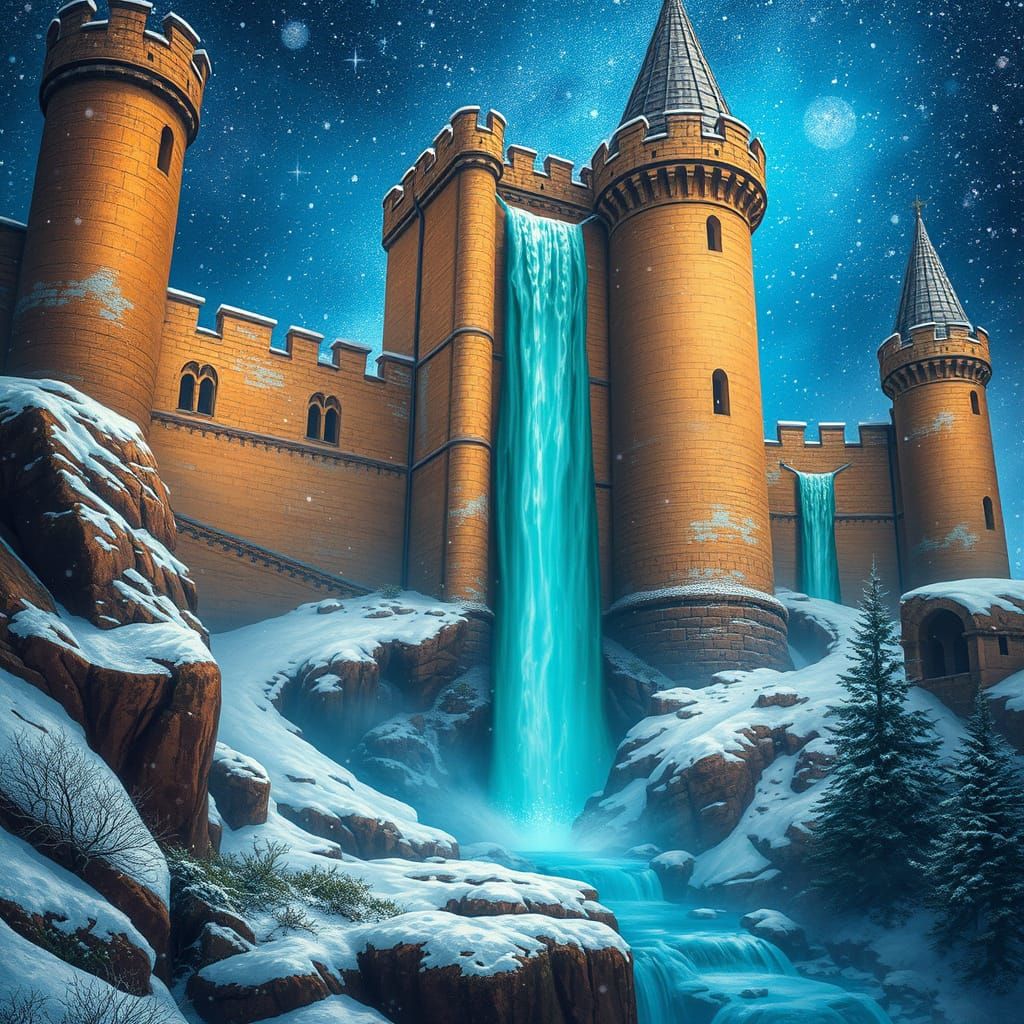 Majestic Brown Castle with Rich Teal Waterfall in Snowy Astr...