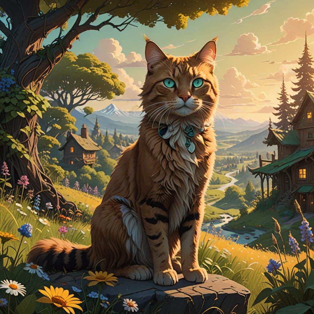 Regal Feline Dominance Amidst Whimsical Fantasy Landscape