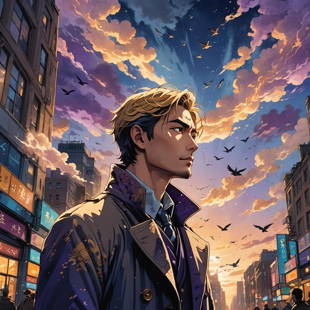 Man Gazing at Dawn Sky in Manga Style