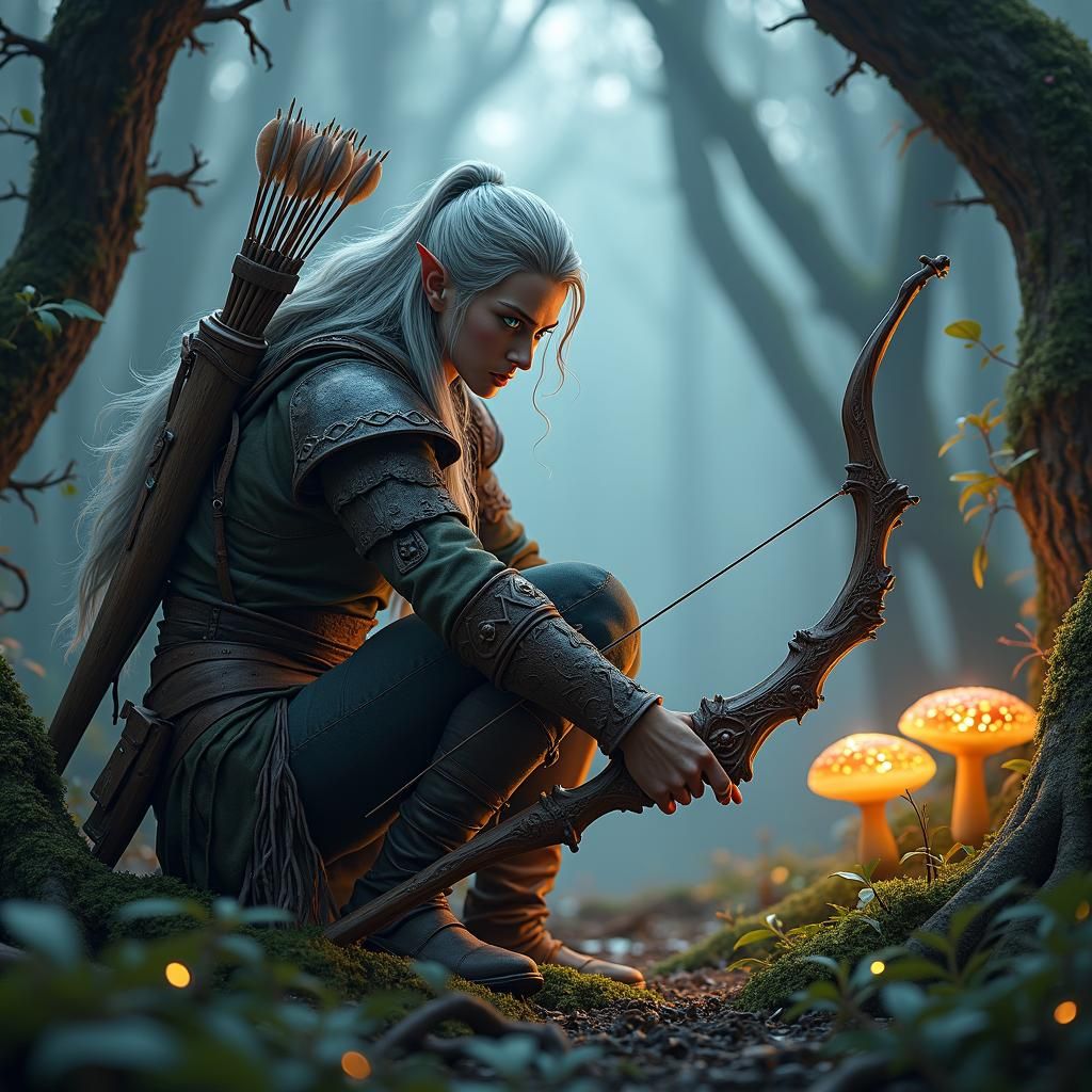 Elven Ranger in Dark Forest, Fantasy Art