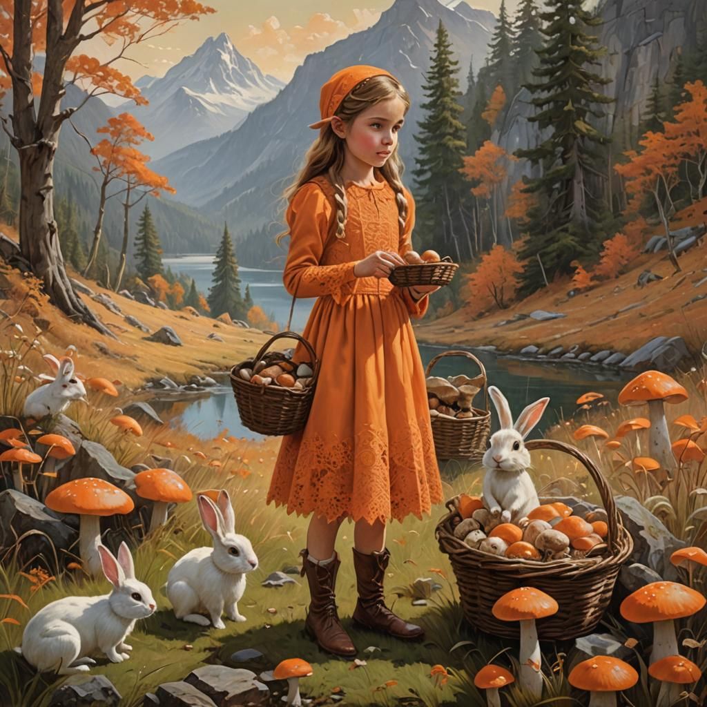 Enchanted Elf in Autumn Forest with Rabbits