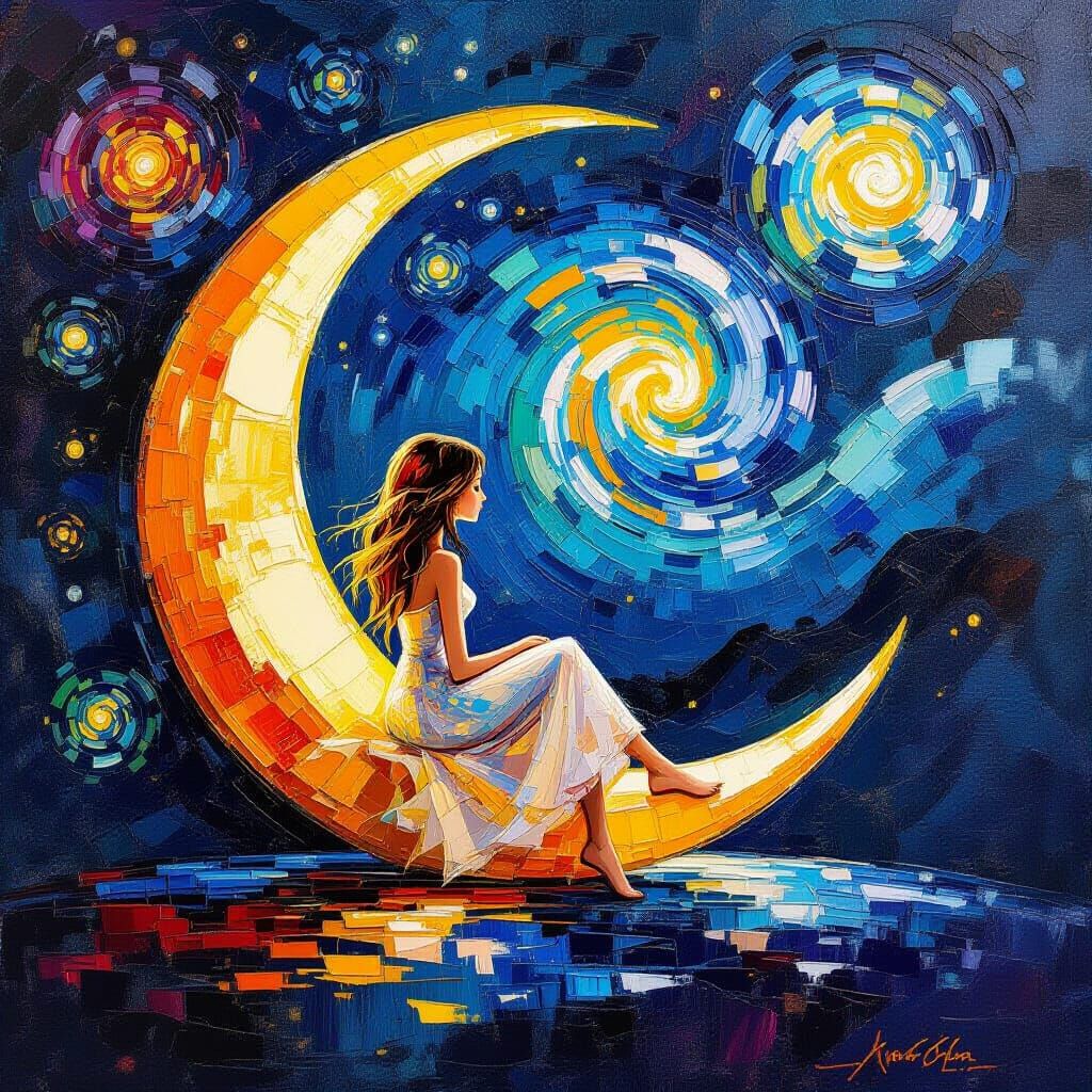 Dreamy Girl on Moon in Vibrant Impasto Cosmic Sky