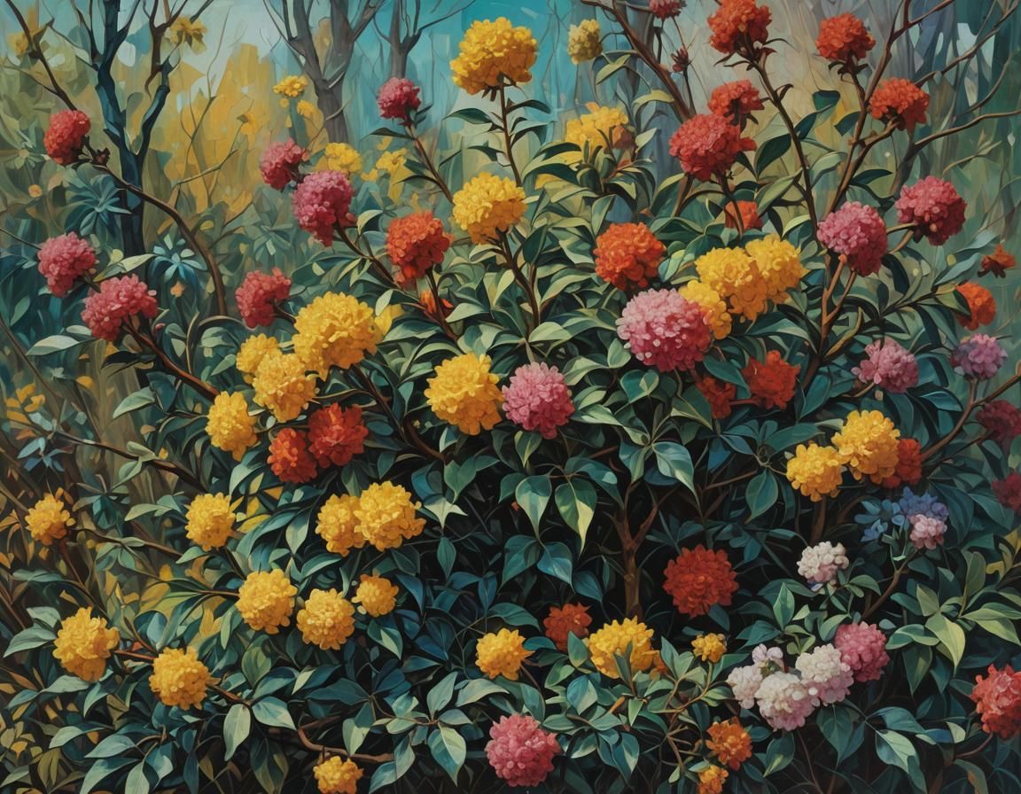 Flowering Shrubs: Triadic Colors in Cubist Style