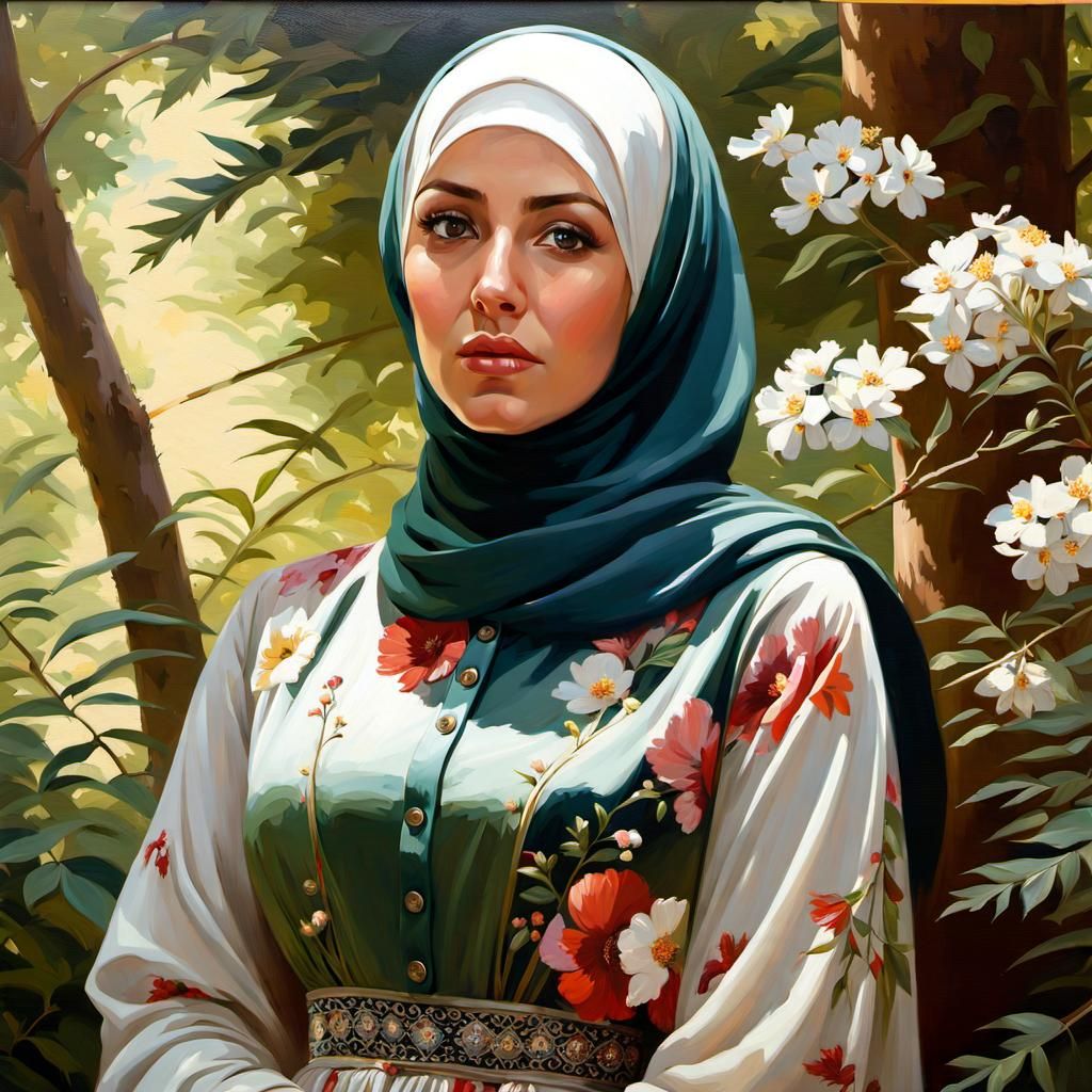 Danish Girl in Hijab in Forest, Oil Painting