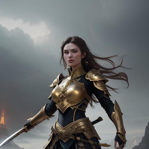 Girl in Gold Armor Raises Sword: Digital Matte Painting
