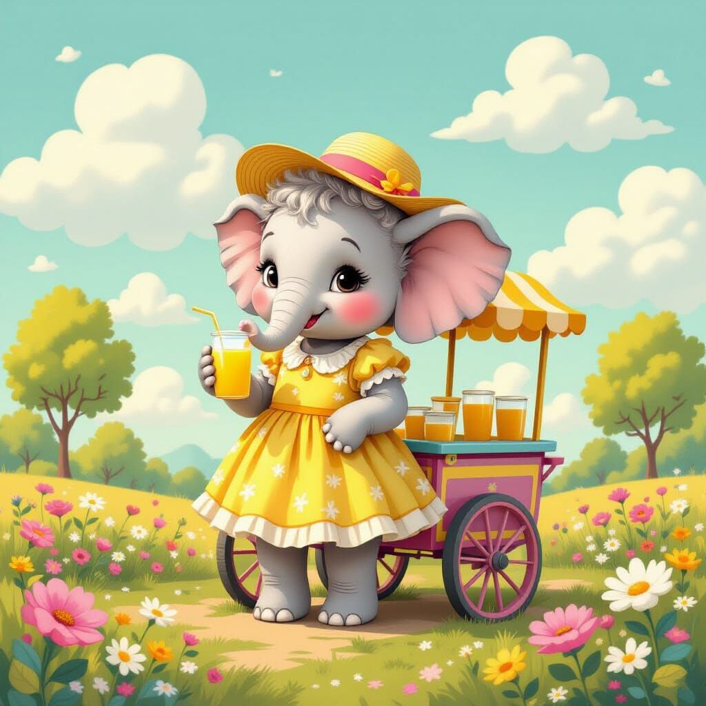 Cartoon Elephant Sells Lemonade in Whimsical Pastel World