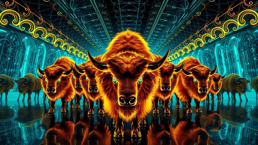 Golden Bison Stampede in a Cosmic Fractal Maze