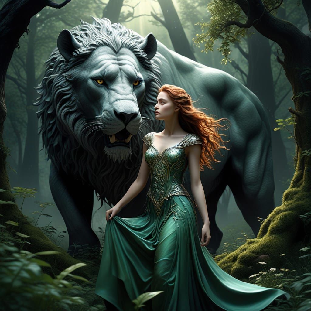 Woman Embraces Majestic Beast in Moonlit Fantasy Forest