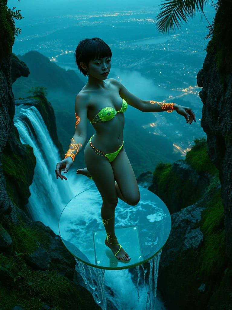 Cyberpunk Schoolgirl Dancing Above Waterfall