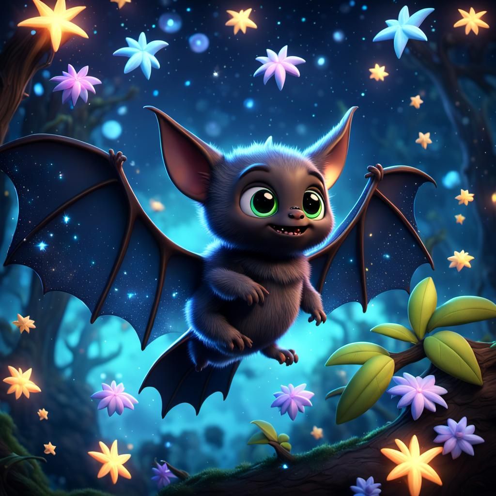 cute furry flying bat round head large cute shiny eyes with pupils, eye lashes, only 2 wings, 2 legs happy, no tail, sh...