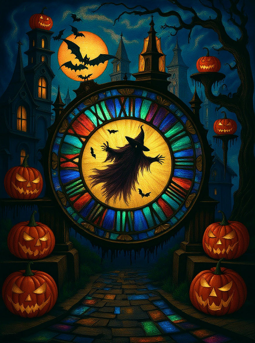 Halloween Stained Glass Clock at Midnight