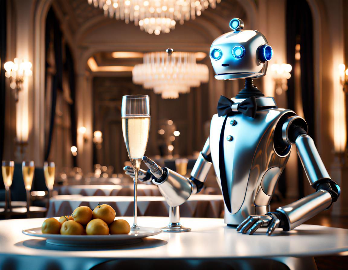 Robot Butler Serves Champagne in Elegant Ballroom