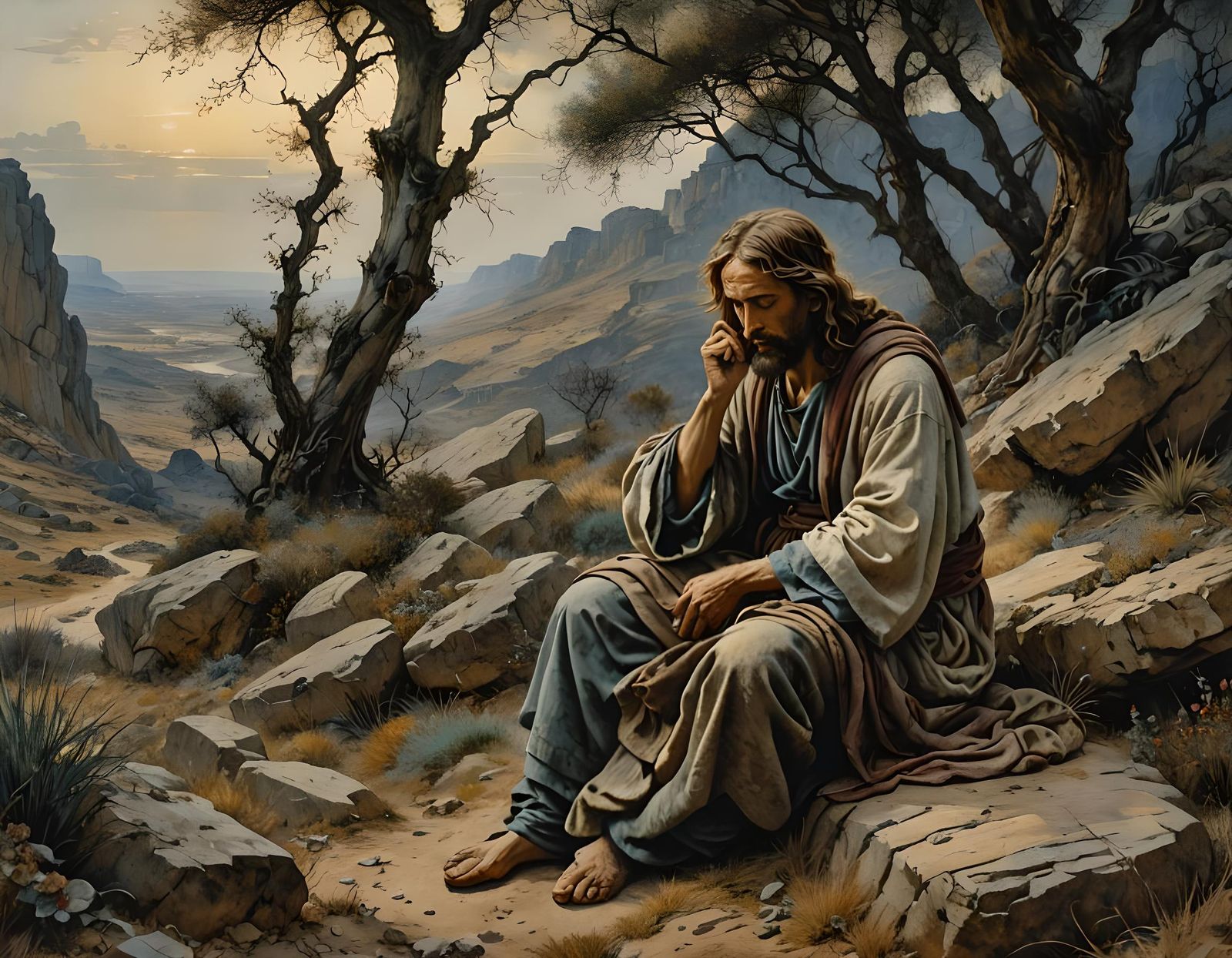 Jesus Praying in Wilderness in Arthur Rackham Style