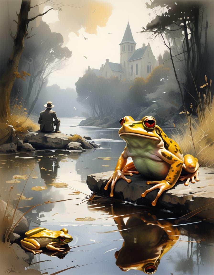 Anthropomorphic Frog Tourist Confronts Ghosts in Foggy Fores...