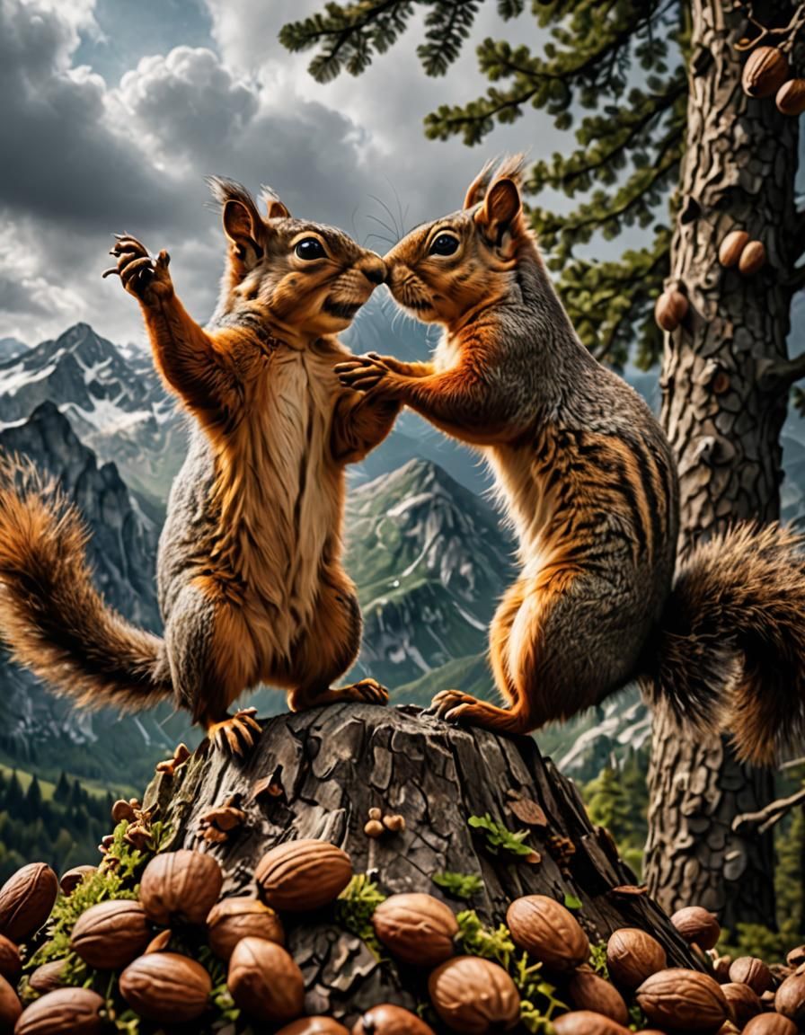 Squirrels High Five Atop a Nut Mountain