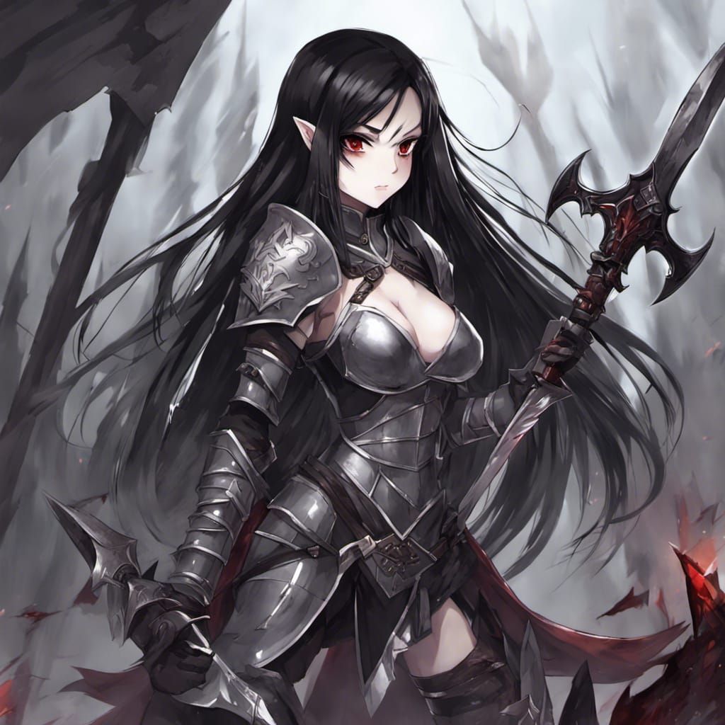 Dark Elf Anime Girl Knight with Spear
