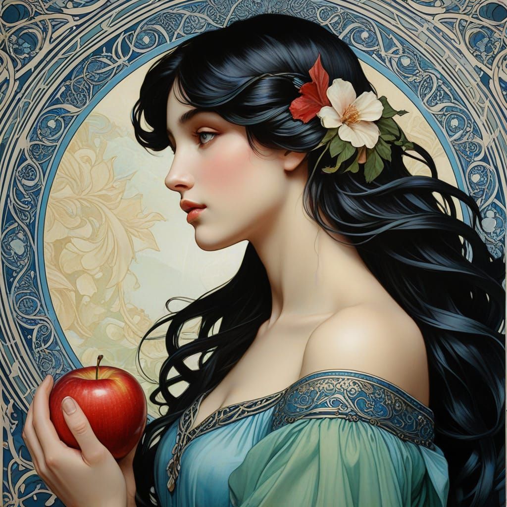 Art Nouveau Aphrodite Contemplates Apple, Painterly Illustra...