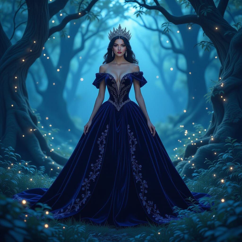 Majestic Queen in Twilight Forest with Celestial Flora