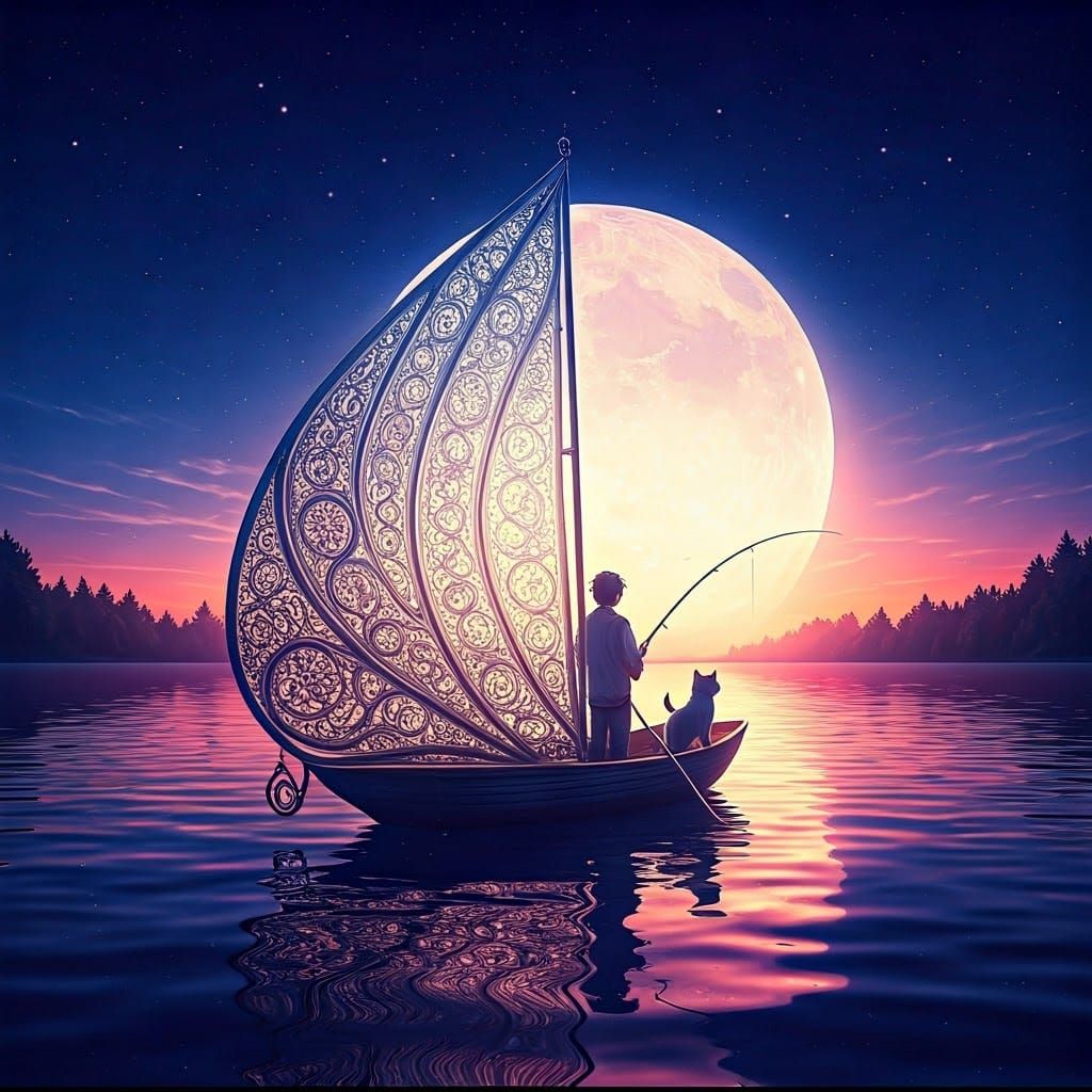 Man and Dog Sailing on Cosmic Lake, Anime Style