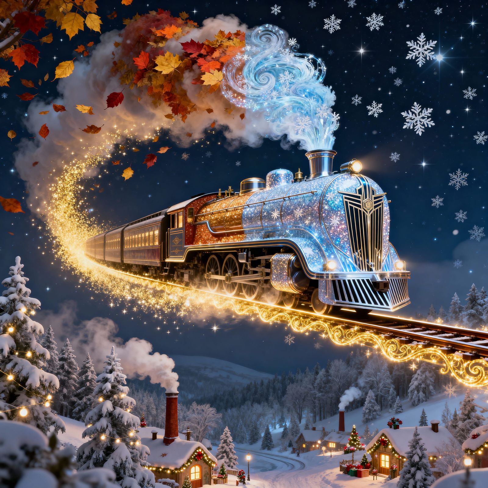 Art Deco Train Soars Through Starry Night Sky