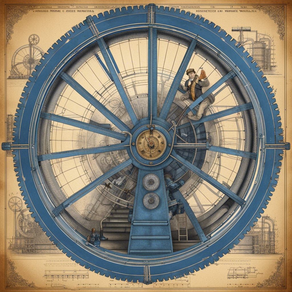 Steampunk Blueprint: Worker Powers Turbine with Hamster Whee...