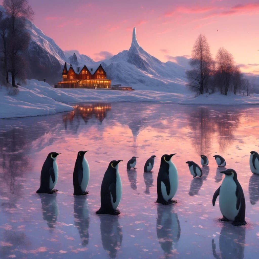 Polar Bears and Penguins Under Northern Lights