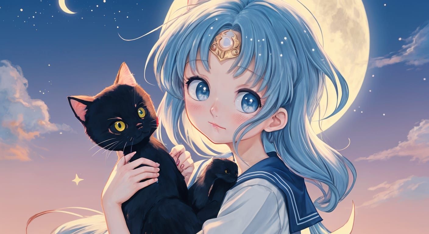 Sailor Moon and Moon in Anime Style