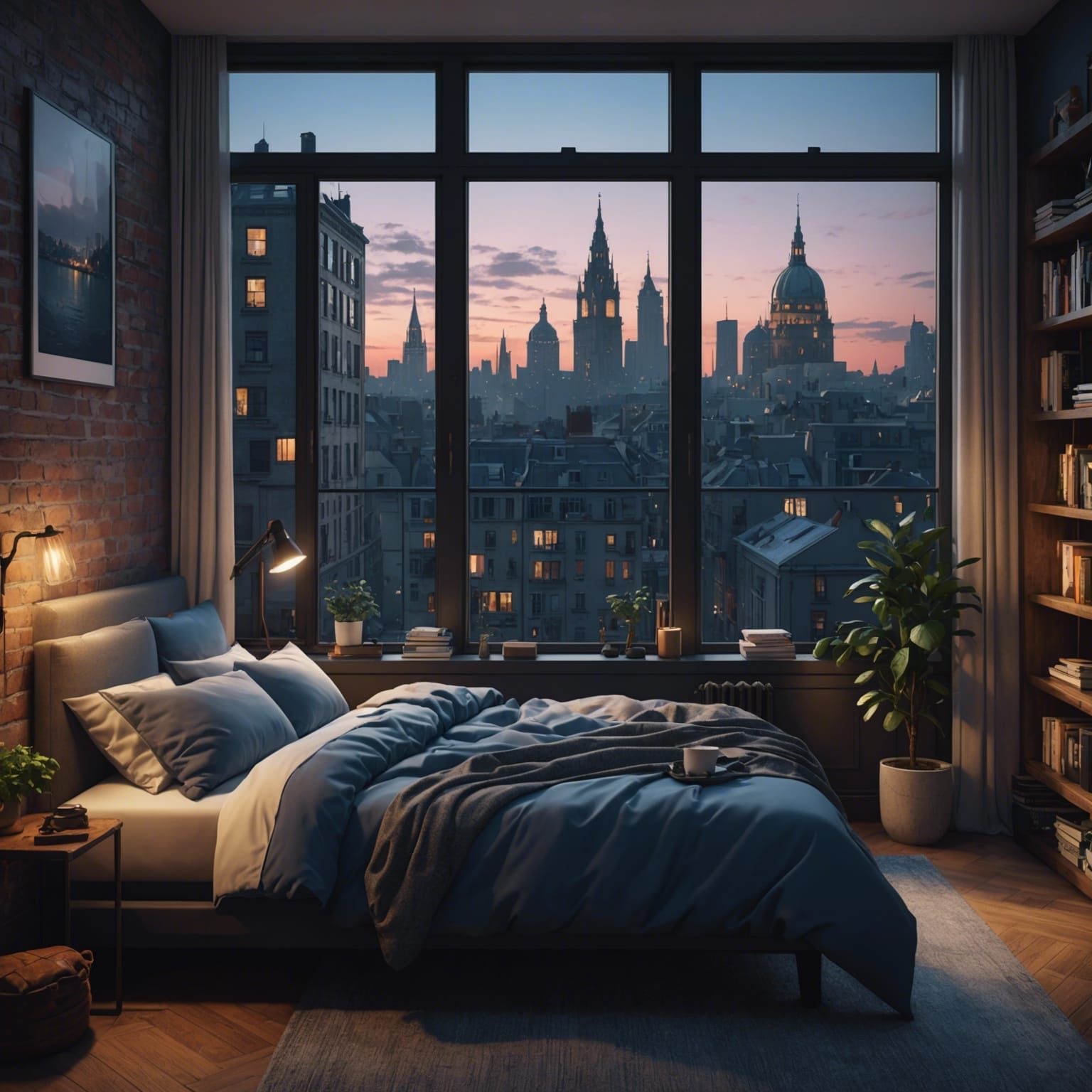 Cozy City Apartment Bedroom at Night: 3D Render