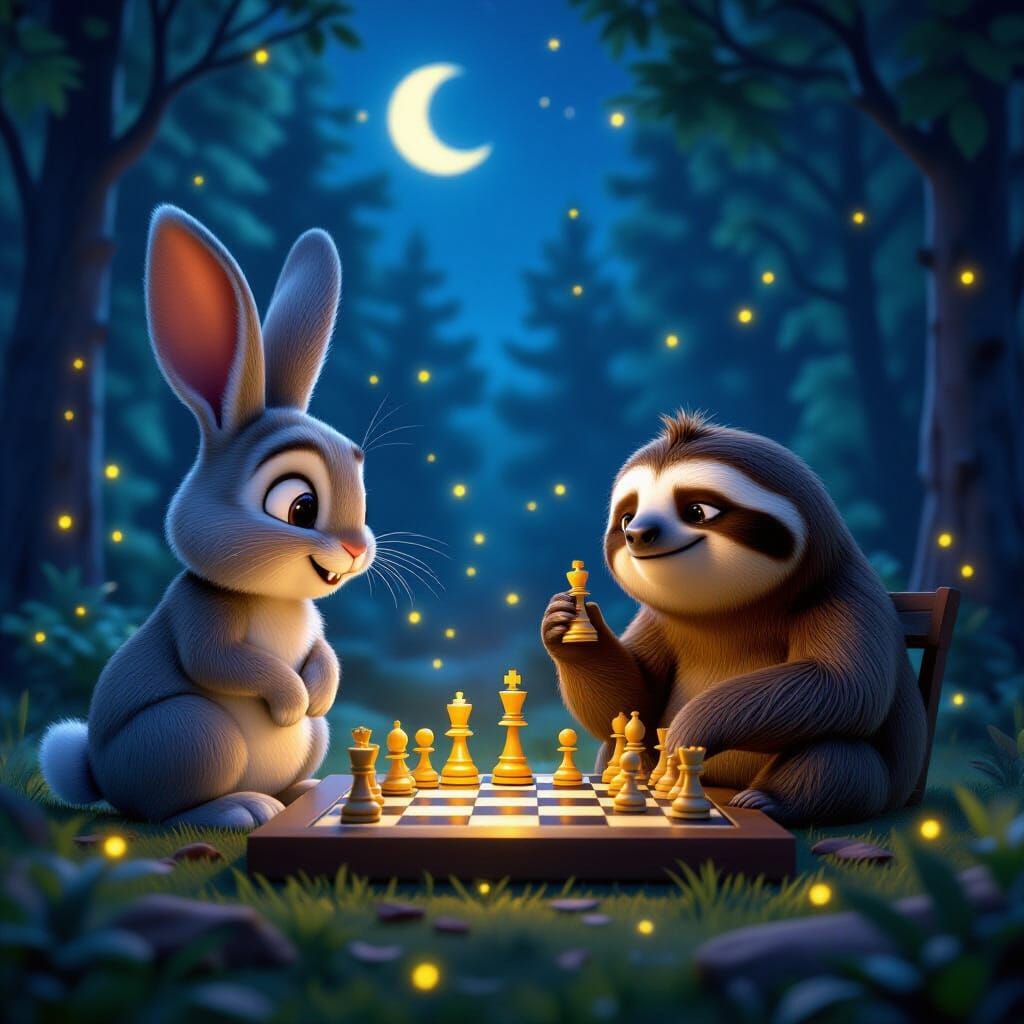 Rabbit and Sloth Play Chess in Enchanted Forest