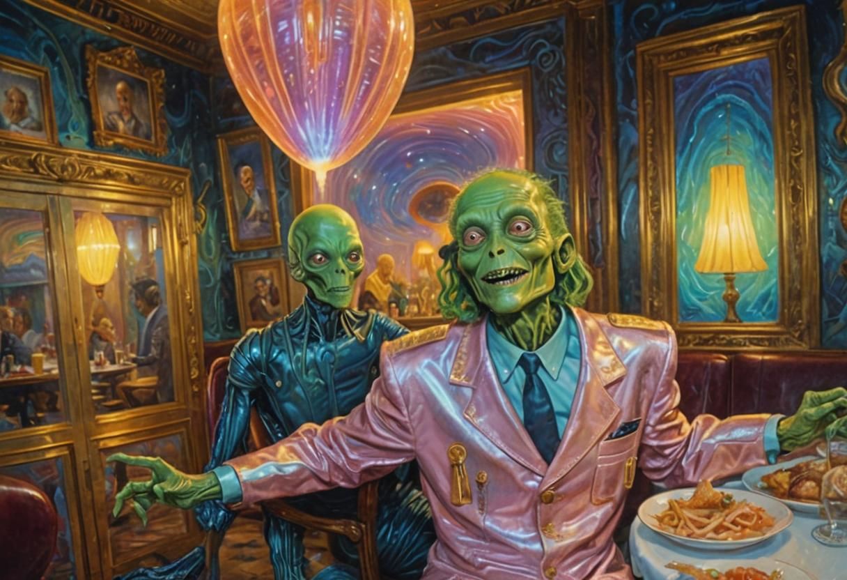 Aliens Dine: A Surreal Restaurant Scene