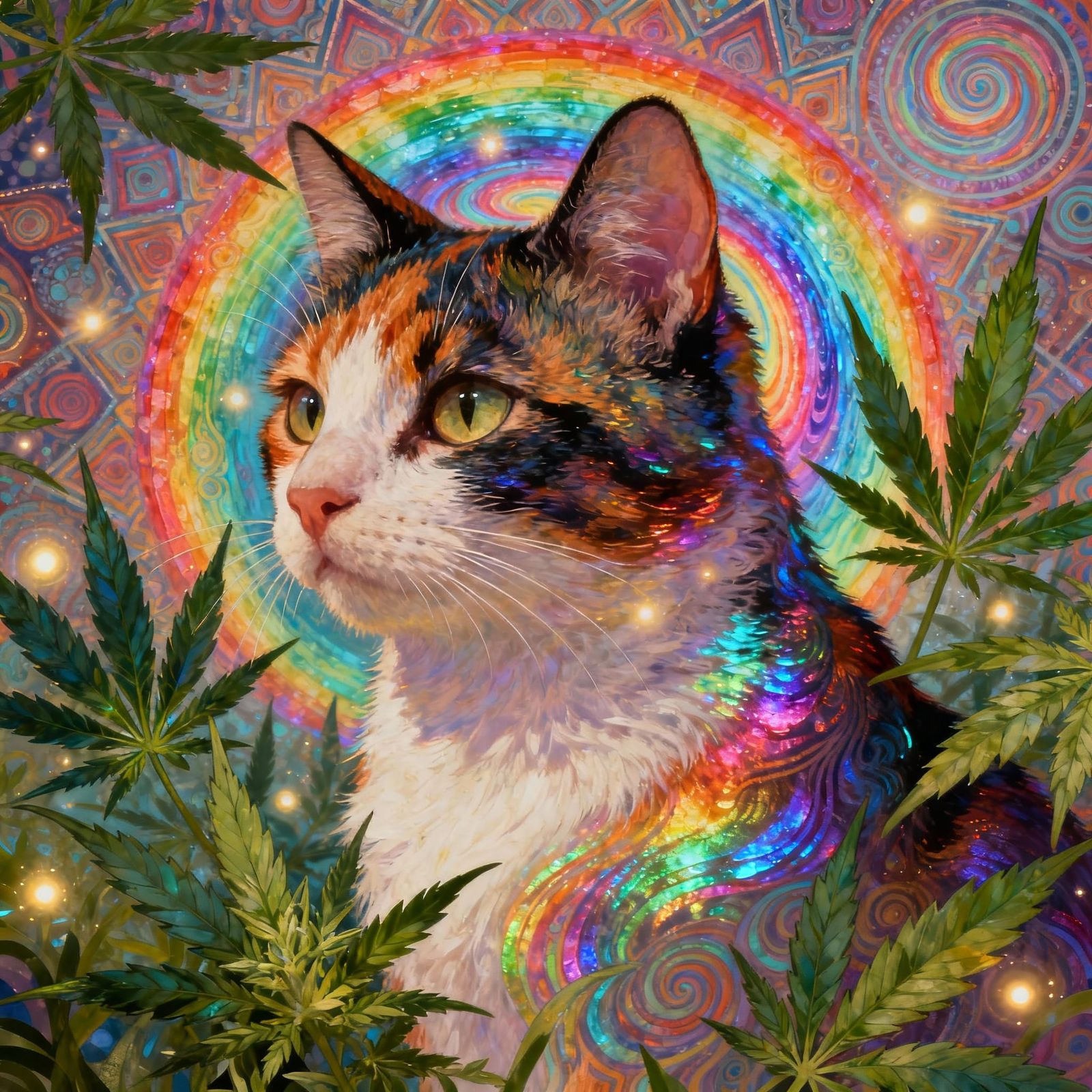 Psychedelic Calico Cat in Rainbow Vortex