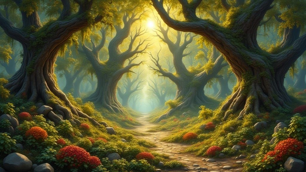Whimsical Oil Painting of Enchanted Forest