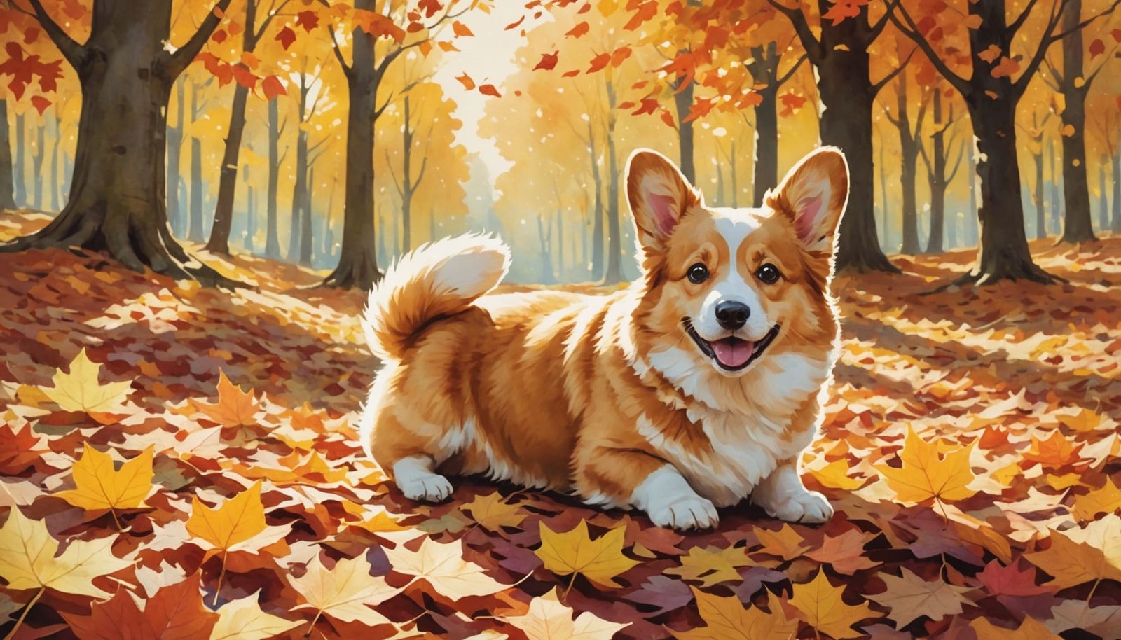 Fluffy Corgi Puppy Joyfully Dives Into Autumn Leaves