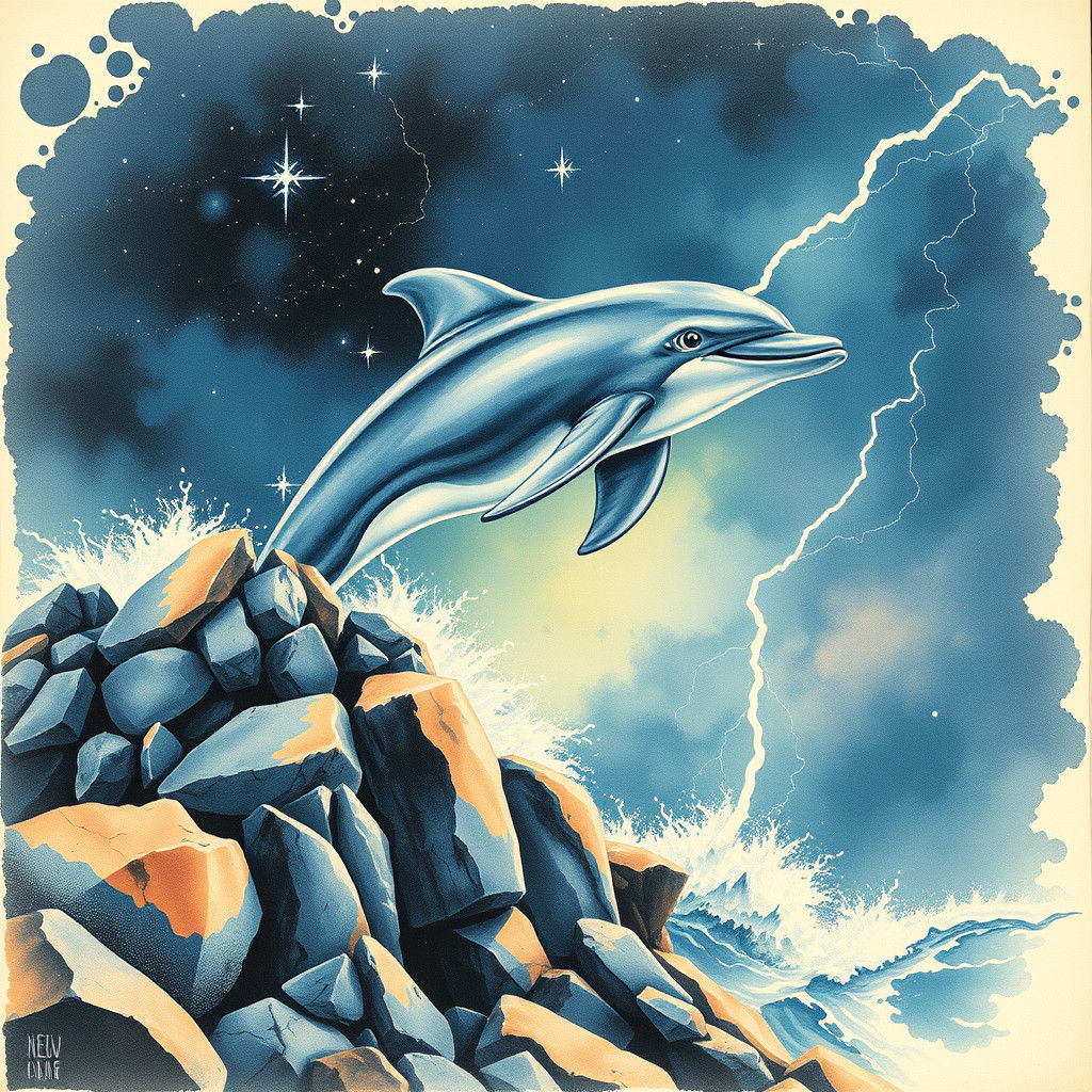 Dolphin Leaps Under Starry Sky in Watercolor