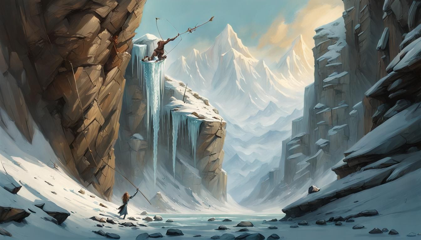 Ice Arrow Archer on Snowy Cliff, Digital Art