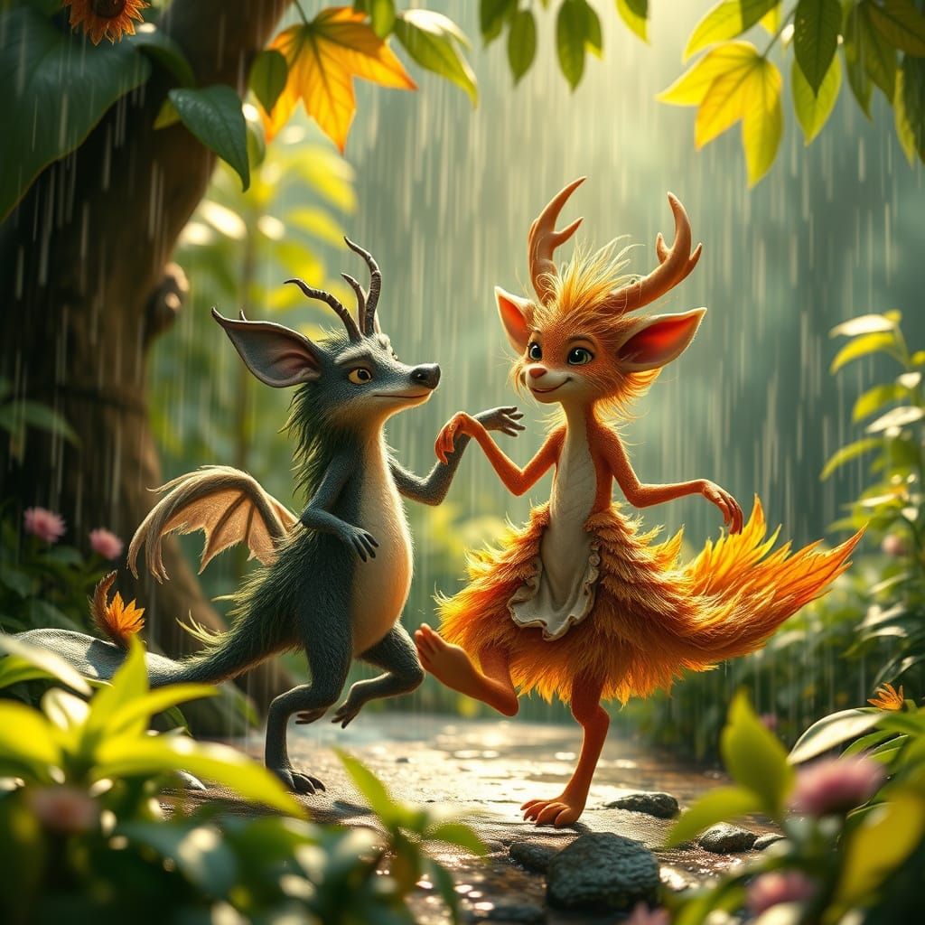 Fantastic Creatures Dancing in Summer Rain