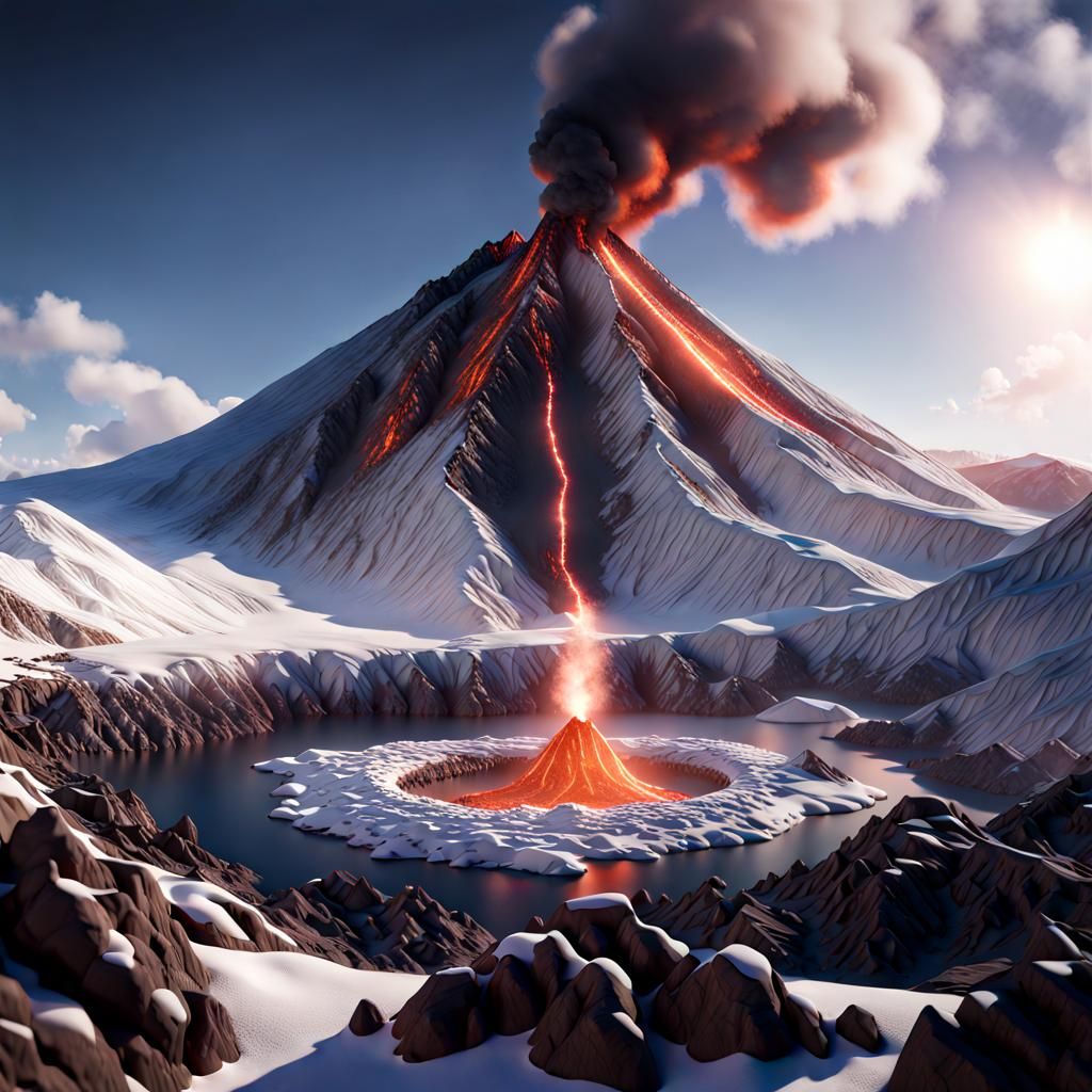 Snowy Volcano in Detailed, Realistic Fantasy Landscape