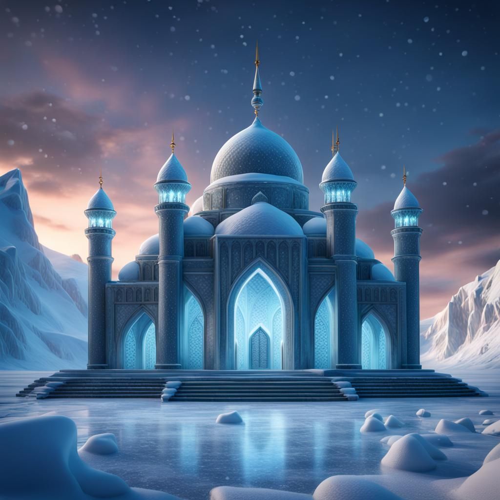 Ice Mosque on Glacier at Snowfall Night