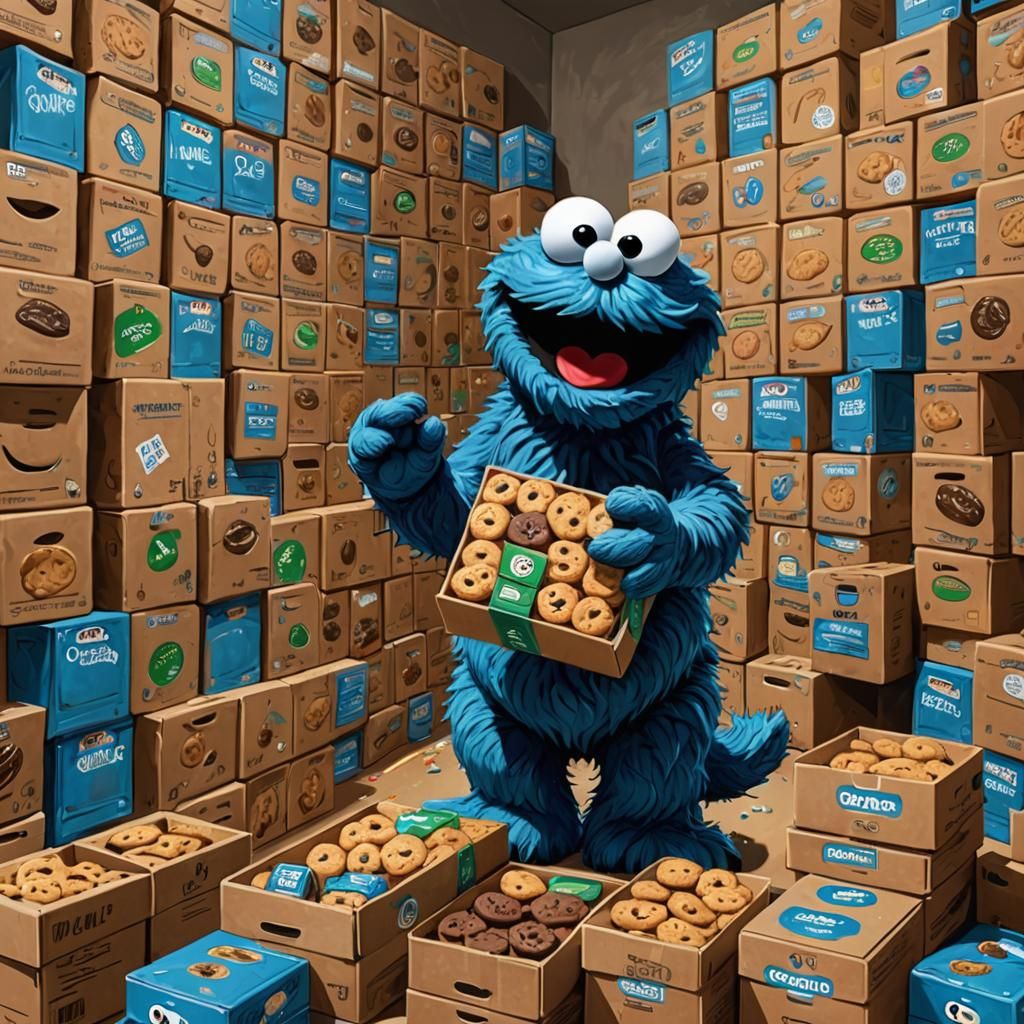 Cookie Monster Oversees Girl Scout Cookie Inventory