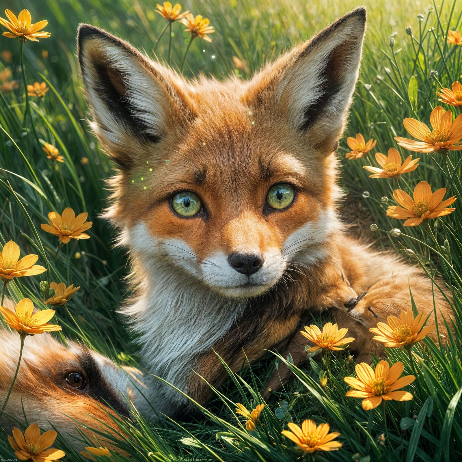 Fox with Emerald Eyes in Magical Grassland