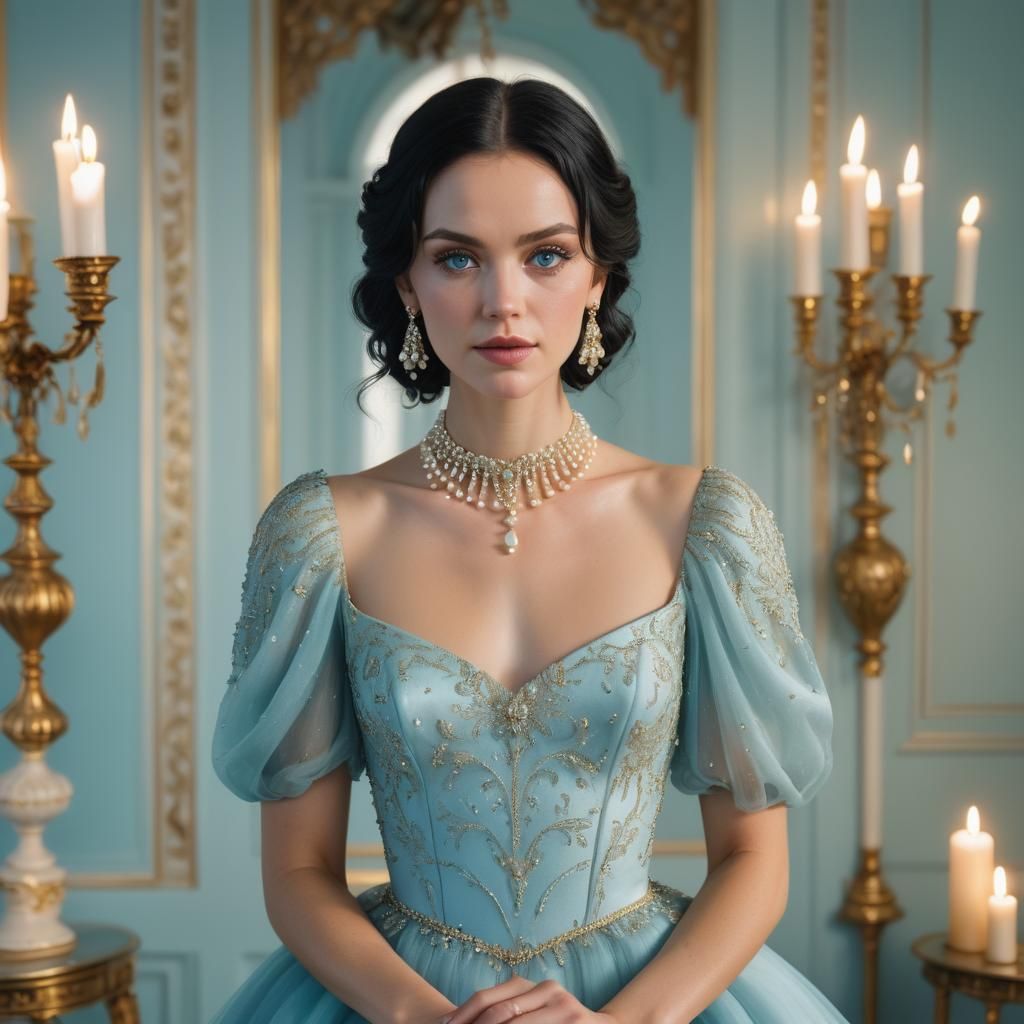 Young Woman in Teal Gown with Pearl Jewelry