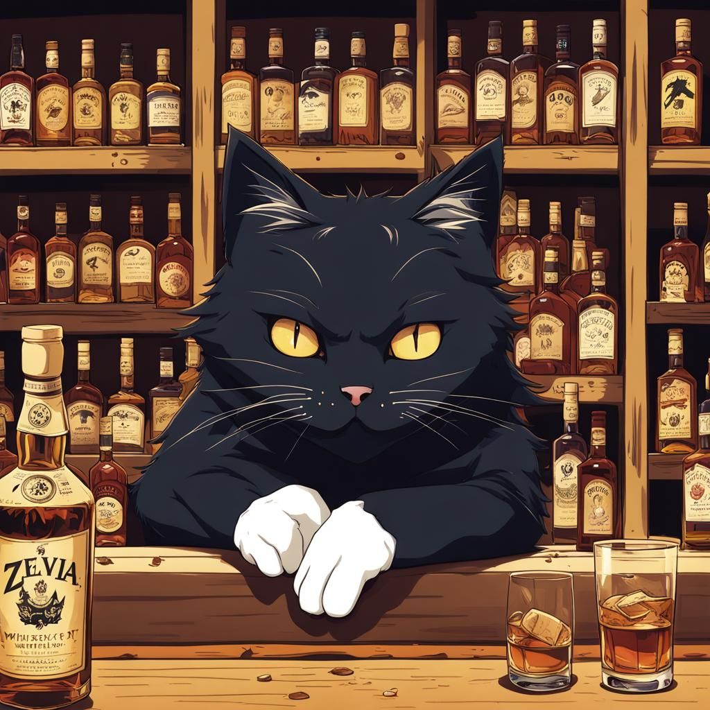 Anime Style Whiskey Cat Illustration