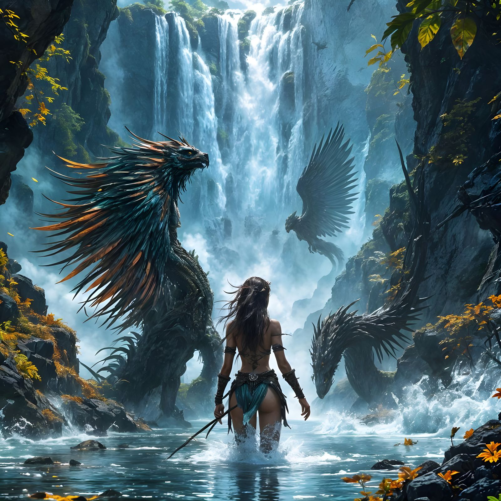 Amazonian Warrior at Enchanted Waterfall