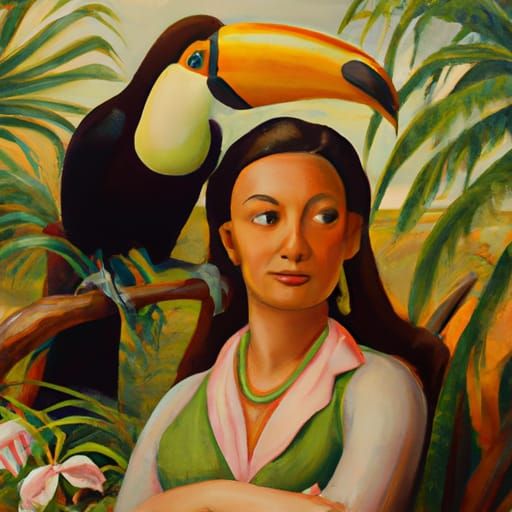 Hawaiian Woman and Toucan in Naive Art Style