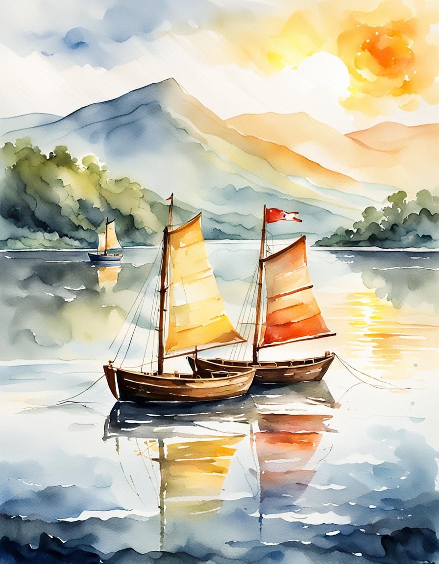 Sailboats on Coniston Water in Watercolor Style