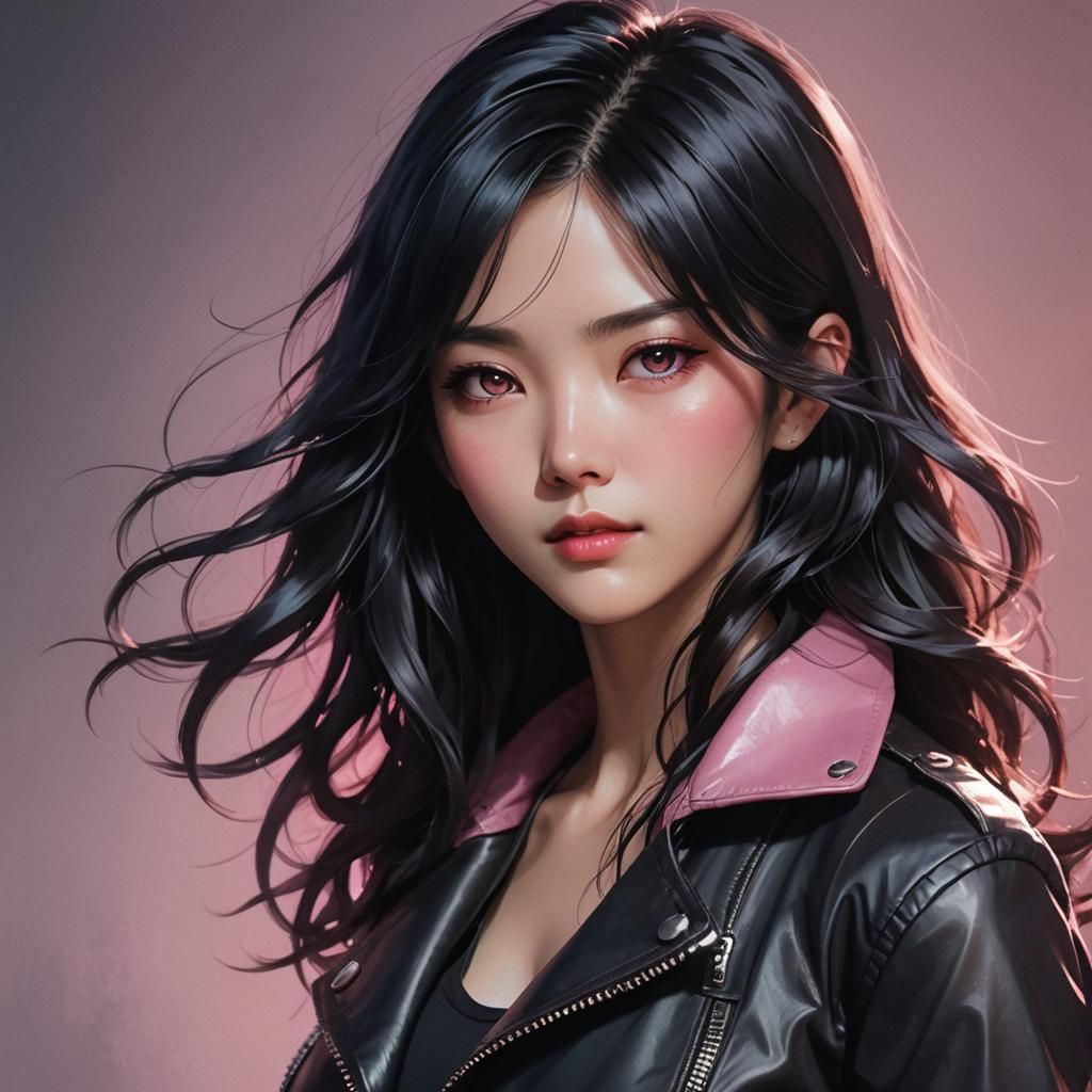 Anime Portrait of Korean Woman in Leather Jacket