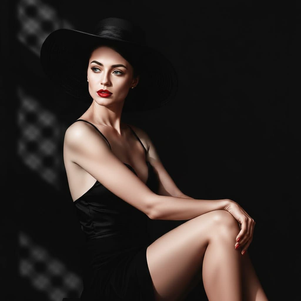Elegant Woman in Black Hat Hyperrealistic Portrait